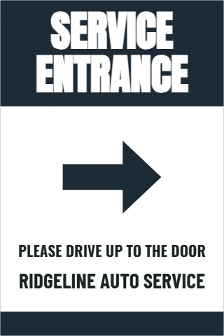 A-frame sign template, service entrance, arrow, reading "SERVICE", "ENTRANCE" and "RIDGELINE AUTO SERVICE", in navy and white