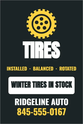 A-frame sign template, tires, reading "TIRES", "RIDGELINE AUTO" and "845-555-0167", in charcoal