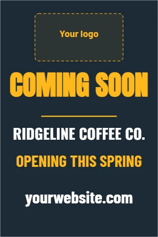 A-frame sign template, coming soon, reading "COMING SOON", "OPENING THIS SPRING" and "yourwebsite.com", in navy, with a space for your logo