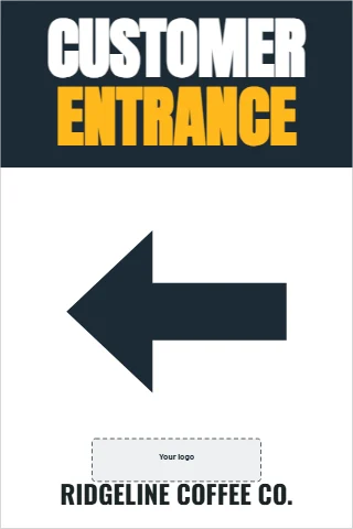 A-frame sign template, customer entrance, arrow left, reading "CUSTOMER", "ENTRANCE" and "RIDGELINE COFFEE CO.", in navy and white, with a space for your logo