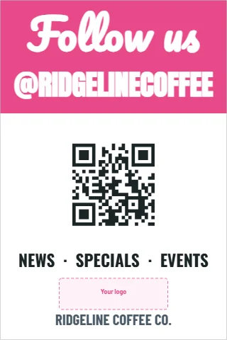 A-frame sign template, follow us, reading "Follow us", "@RIDGELINECOFFEE" and "RIDGELINE COFFEE CO.", in pink and white, with a space for your logo and a QR code