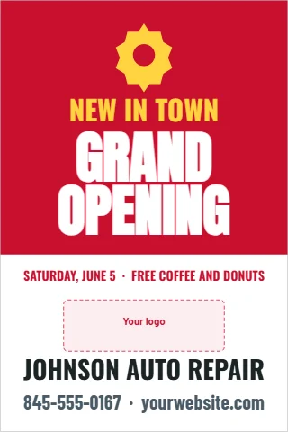 A-frame sign template, grand opening, auto shop, reading "NEW IN TOWN", "GRAND" and "OPENING", in red and white, with a space for your logo