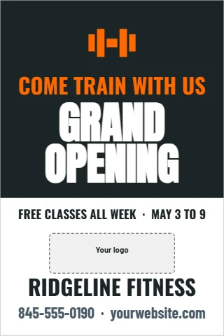 A-frame sign template, grand opening, gym, reading "GRAND", "OPENING" and "RIDGELINE FITNESS", in charcoal and white, with a space for your logo