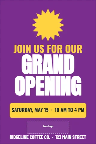 A-frame sign template, grand opening, festive, reading "JOIN US FOR OUR", "GRAND" and "OPENING", in purple, with a space for your logo