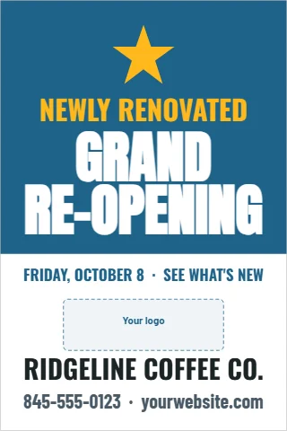 A-frame sign template, grand re-opening, reading "NEWLY RENOVATED", "GRAND" and "RE-OPENING", in steel blue and white, with a space for your logo