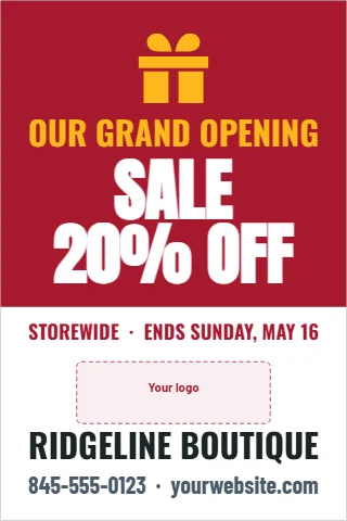 A-frame sign template, grand opening sale, reading "OUR GRAND OPENING", "SALE" and "20% OFF", in maroon and white, with a space for your logo