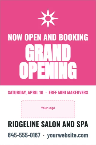A-frame sign template, grand opening, salon and spa, reading "NOW OPEN AND BOOKING", "GRAND" and "OPENING", in pink and white, with a space for your logo