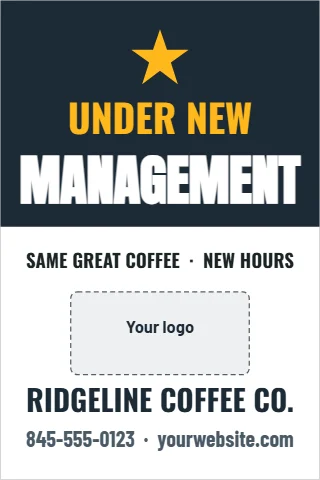 A-frame sign template, under new management, reading "UNDER NEW", "MANAGEMENT" and "RIDGELINE COFFEE CO.", in navy and white, with a space for your logo