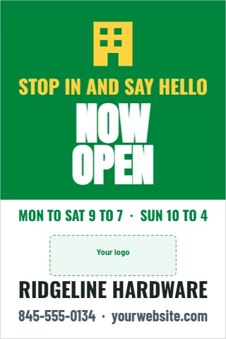A-frame sign template, now open, stop in, reading "NOW", "OPEN" and "RIDGELINE HARDWARE", in green and white, with a space for your logo