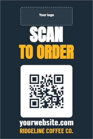 A-frame sign template, scan to order, reading "SCAN", "TO ORDER" and "yourwebsite.com", in white and navy, with a space for your logo and a QR code