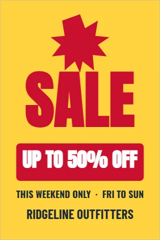A-frame sign template, big sale, reading "SALE", "UP TO 50% OFF" and "RIDGELINE OUTFITTERS", in red and yellow