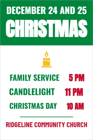 A-frame sign template, christmas service times, reading "DECEMBER 24 AND 25", "CHRISTMAS" and "CANDLELIGHT", in green and white