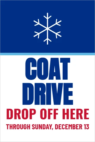 A-frame sign template, coat drive, reading "COAT", "DRIVE" and "DROP OFF HERE", in blue and white