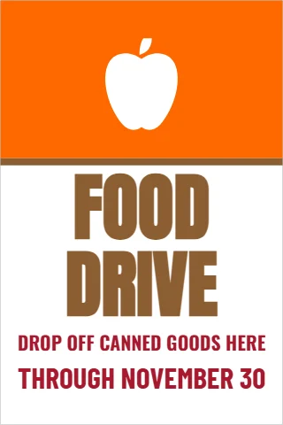 A-frame sign template, food drive, reading "FOOD", "DRIVE" and "THROUGH NOVEMBER 30", in orange and white