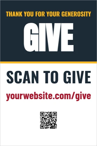 A-frame sign template, scan to give, reading "GIVE", "SCAN TO GIVE" and "yourwebsite.com/give", in navy and white, with a QR code