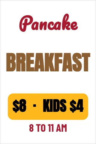 A-frame sign template, pancake breakfast, reading "Pancake", "BREAKFAST" and "$8 · KIDS $4", in gold and white