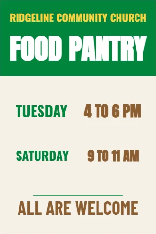 A-frame sign template, food pantry hours, reading "FOOD PANTRY", "TUESDAY" and "ALL ARE WELCOME", in green and cream