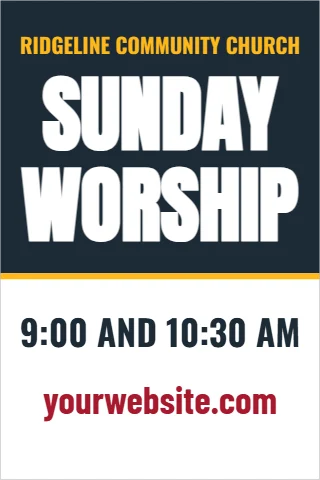 A-frame sign template, service times, reading "SUNDAY", "WORSHIP" and "yourwebsite.com", in navy and white