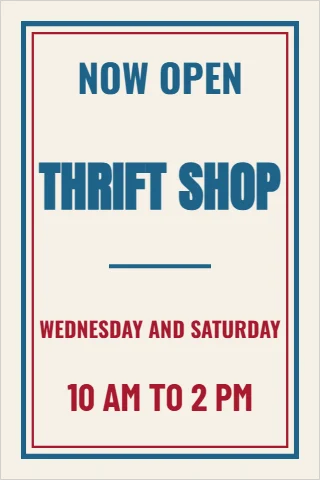 A-frame sign template, thrift shop open, reading "NOW OPEN", "THRIFT SHOP" and "10 AM TO 2 PM", in cream