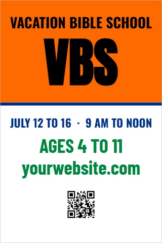 A-frame sign template, vacation Bible School, reading "VBS", "AGES 4 TO 11" and "yourwebsite.com", in orange and white, with a QR code