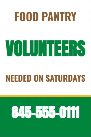 A-frame sign template, volunteers needed, reading "FOOD PANTRY", "VOLUNTEERS" and "845-555-0111", in green and white