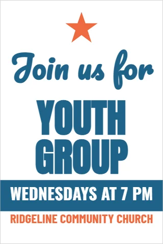 A-frame sign template, youth group, reading "Join us for", "YOUTH" and "GROUP", in steel blue and white
