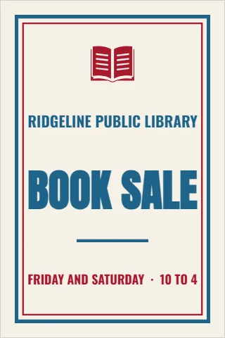 A-frame sign template, library book sale, reading "RIDGELINE PUBLIC LIBRARY", "BOOK SALE" and "FRIDAY AND SATURDAY · 10 TO 4", in cream