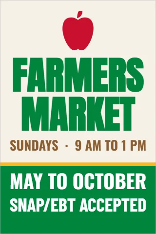 A-frame sign template, farmers market, reading "FARMERS", "MARKET" and "MAY TO OCTOBER", in green and cream