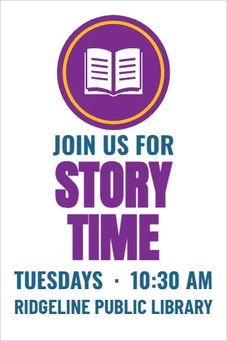A-frame sign template, story time, reading "JOIN US FOR", "STORY" and "TIME", in purple and white