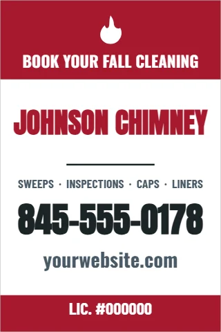A-frame sign template, chimney sweep, reading "JOHNSON CHIMNEY", "845-555-0178" and "yourwebsite.com", in maroon and white