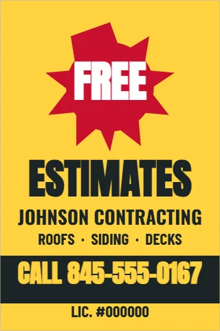 A-frame sign template, free estimates, starburst, reading "FREE", "ESTIMATES" and "CALL 845-555-0167", in charcoal and yellow