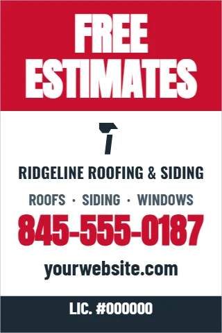 A-frame sign template, free estimates, reading "FREE", "ESTIMATES" and "845-555-0187", in red and white