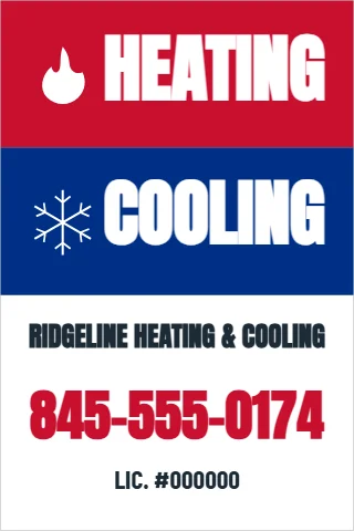 A-frame sign template, heating and cooling, reading "HEATING", "COOLING" and "845-555-0174", in red and white