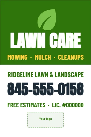 A-frame sign template, lawn care, reading "LAWN CARE", "MOWING · MULCH · CLEANUPS" and "845-555-0158", in green and white, with a space for your logo