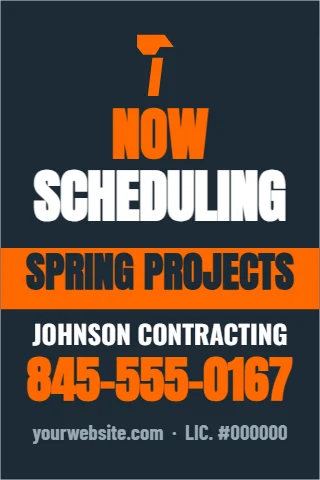 A-frame sign template, now scheduling, reading "NOW", "SCHEDULING" and "845-555-0167", in orange and navy