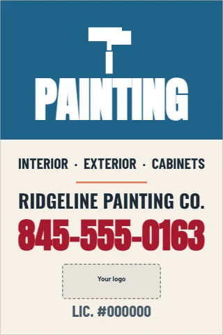 A-frame sign template, painting, reading "PAINTING", "845-555-0163" and "LIC. #000000", in steel blue and cream, with a space for your logo