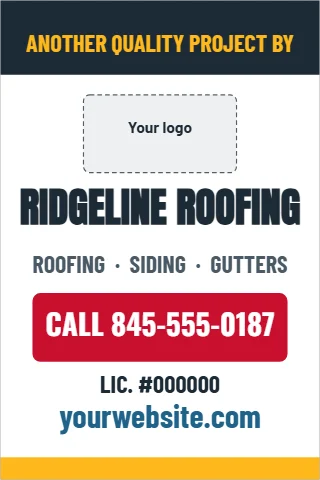 A-frame sign template, another project by, reading "RIDGELINE ROOFING", "LIC. #000000" and "yourwebsite.com", in navy and white, with a space for your logo