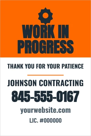 A-frame sign template, work in progress, reading "WORK IN", "PROGRESS" and "845-555-0167", in orange and white