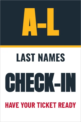 A-frame sign template, check-in by last name, reading "A-L", "LAST NAMES" and "CHECK-IN", in navy and white