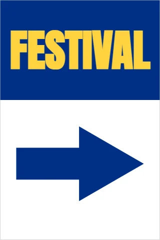 A-frame sign template, event, this way, reading "FESTIVAL", in blue and white