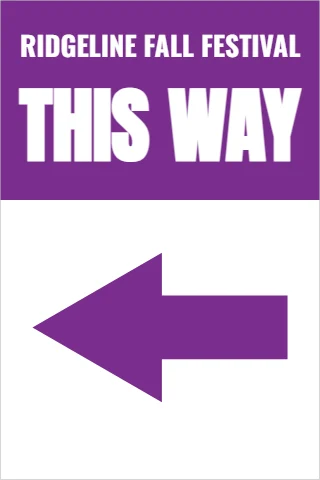 A-frame sign template, this way, event name, reading "RIDGELINE FALL FESTIVAL" and "THIS WAY", in purple and white