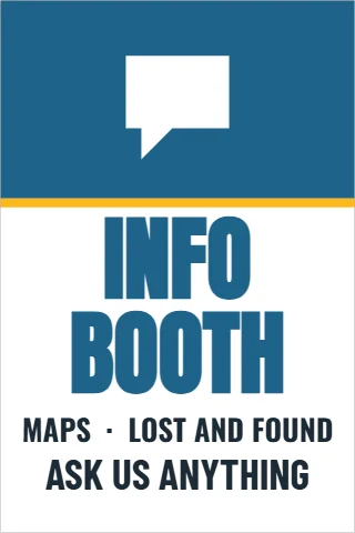 A-frame sign template, information booth, reading "INFO", "BOOTH" and "ASK US ANYTHING", in steel blue and white