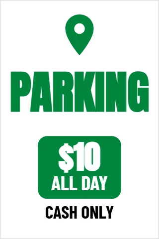 A-frame sign template, parking, the price, reading "PARKING", "$10" and "ALL DAY", in green and white
