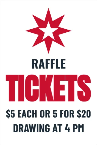 A-frame sign template, raffle tickets, reading "RAFFLE", "TICKETS" and "DRAWING AT 4 PM", in white