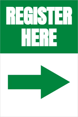 A-frame sign template, register here, reading "REGISTER" and "HERE", in green and white