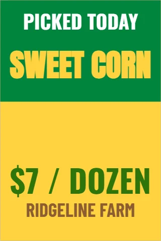 A-frame sign template, sweet corn, picked today, reading "PICKED TODAY", "SWEET CORN" and "$7 / DOZEN", in green and yellow