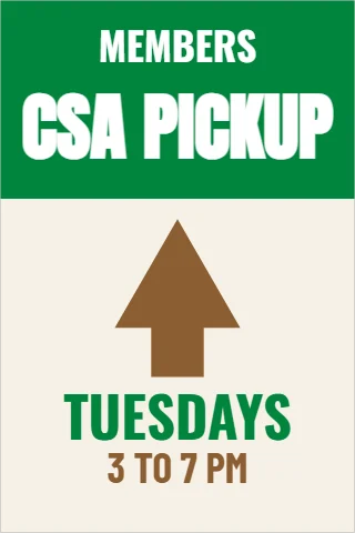 A-frame sign template, CSA pickup, reading "CSA PICKUP", "TUESDAYS" and "3 TO 7 PM", in green and cream