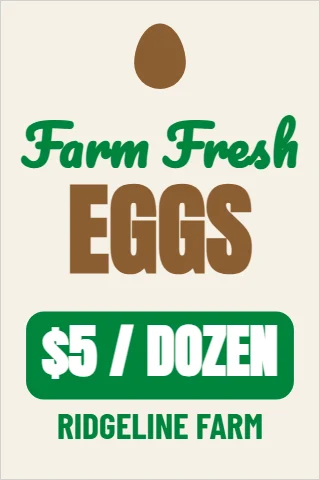 A-frame sign template, fresh eggs, price panel, reading "Farm Fresh", "EGGS" and "$5 / DOZEN", in green and cream