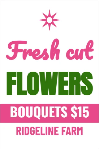A-frame sign template, fresh cut flowers, reading "Fresh cut", "FLOWERS" and "BOUQUETS $15", in pink and white