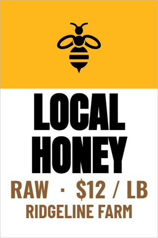 A-frame sign template, local honey, reading "LOCAL", "HONEY" and "RAW · $12 / LB", in gold and white